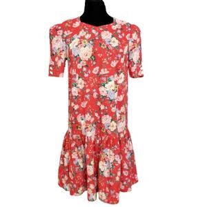 Y2K Vintage 80s Macro Red Floral Short Sleeve Ruffled Lower Midi Dress Size 8